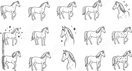 Collection of horses in various poses and styles, showcasing different illustrations and designs