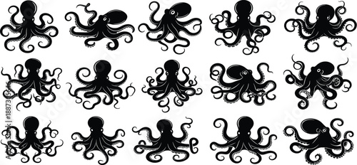 Collection of diverse octopus silhouettes arranged in a grid pattern on a white background viewed from directly above showcasing various poses