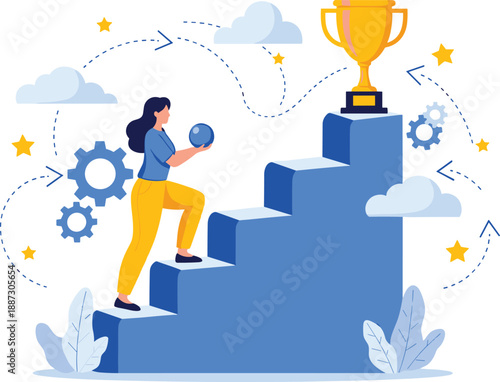 A woman climbs a blue staircase with a trophy on top surrounded by stars and gears