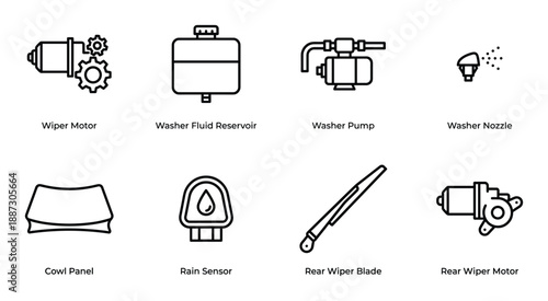 Car windshield wiper system icon set including motor pump reservoir nozzle and rain sensor vector