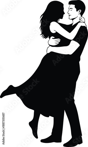 A romantic black and white illustration of a couple in a loving embrace, with subtle facial details on the man and a flowing dress for the woman.
