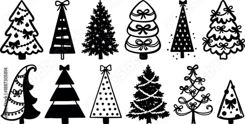 Hand drawn line art close up set of twelve christmas tree icons in black and white festive holiday illustration arranged collection