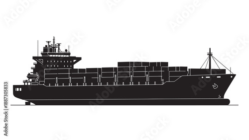 Silhouette of a large container cargo ship carrying containers across a calm harbor.