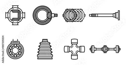Collection of car differential and drivetrain components including gears axles and joints