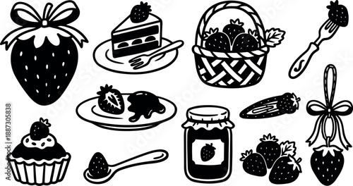 Line art strawberry illustration set showing desserts basket jam jar spoon fork close up tied ribbon hand drawn black white playful