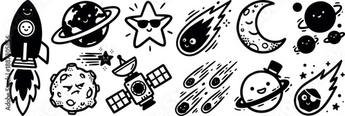 Whimsical kids doodle close up of smiling rocket planet moon and comets sticker sheet in black line art playful studio illustration