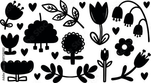 Flat design hand drawn floral silhouette set close up black cutout flowers leaves hearts arranged on white background top view scattered vector