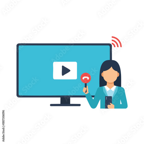 Woman presenting video content on a monitor