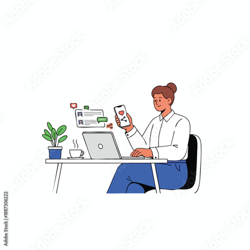 Woman working remotely with laptop and smartphone