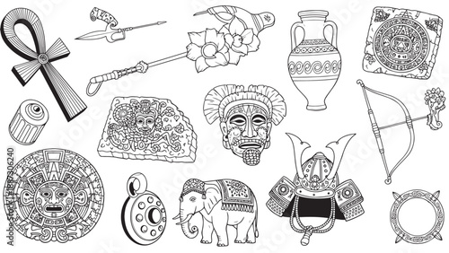 Collection of ancient cultural artifacts and ceremonial objects drawn in sketch style showcasing myth, ritual, and history.