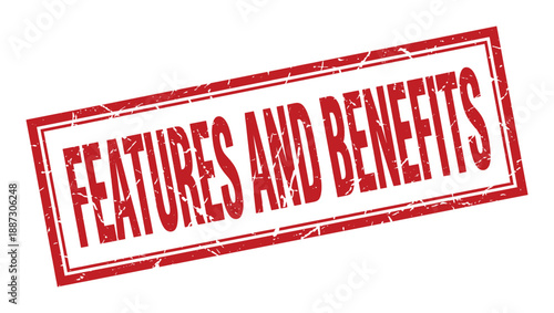 Features and benefits red square grunge rubber stamp on transparent background, product advantages