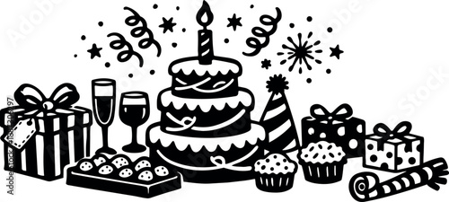 Whimsical kids doodle three tier birthday cake with candle and cupcakes surrounded by gifts glasses confetti party hat truffles black and white illustration