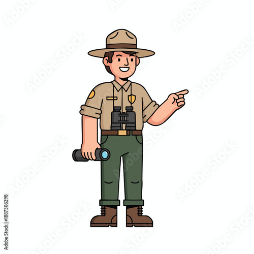 Cartoon park ranger pointing while holding binoculars