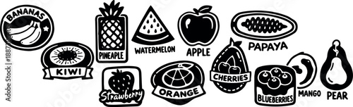 Line art horizontal fruit label badges row showing banana kiwi pineapple watermelon apple papaya orange cherries blueberries mango pear icons