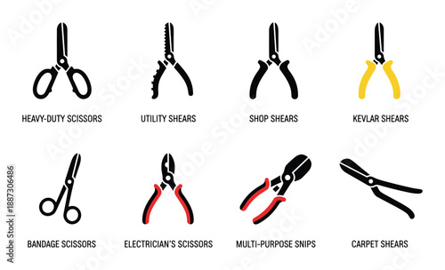 Industrial scissors and shears icon set featuring various cutting tools for professional workshop