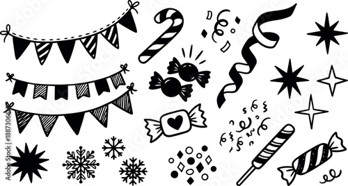 Whimsical kids doodle close up of festive bunting candy canes wrapped candies snowflakes confetti and stars scattered hand drawn black ink