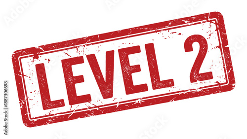 Level 2 red grunge stamp with textured effect for verification or approval