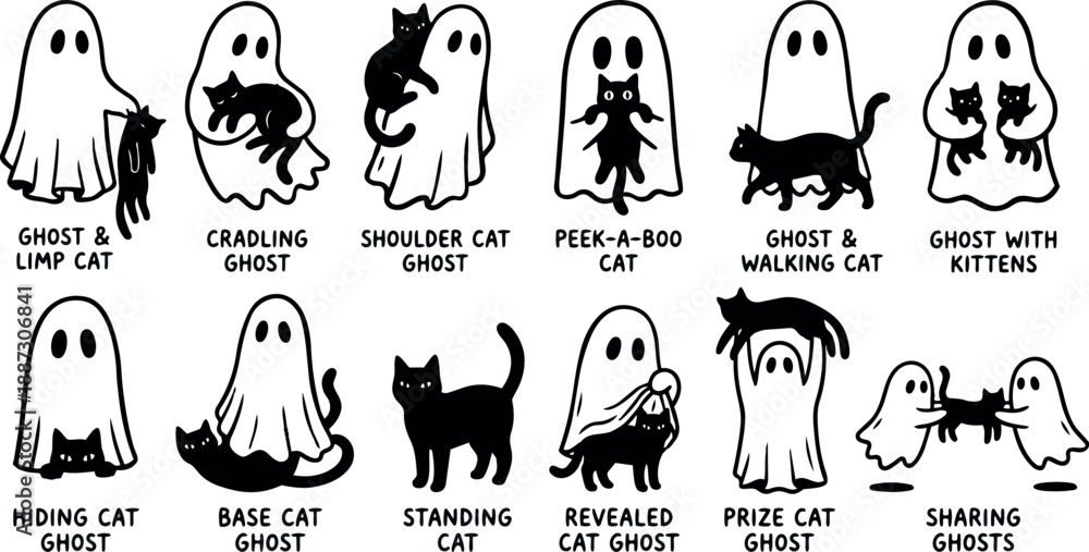 Obraz premium Whimsical kids doodle close up sheet of ghost and black cat poses showing playful interactions with captions, hand drawn line art