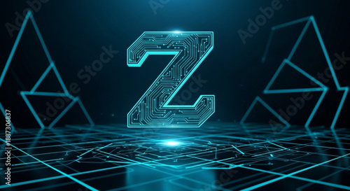 Z Alphabet Monogram with Glowing Cyan Circuit Lines and 3D Digital Grid