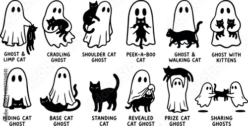 Whimsical kids doodle close up sheet of ghost and black cat poses showing playful interactions with captions, hand drawn line art
