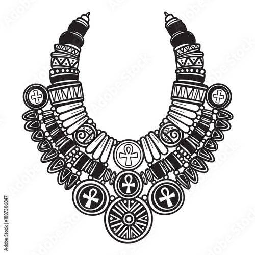Intricate black and white illustrated necklace featuring layered circles with feminist symbol medallions.