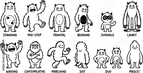 Whimsical kids doodle character sheet showing multiple monster poses including waving mid step frontal juvenile mascot in black line art sketch