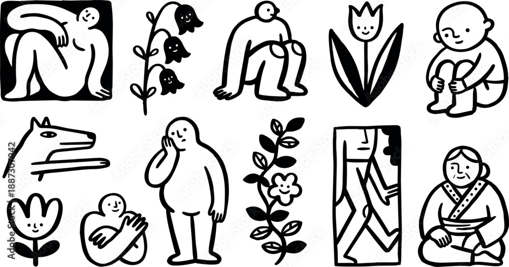 Fototapeta premium Whimsical line art icon sheet showing naive figures, tulip and wolf head in black ink with assorted poses and expressions