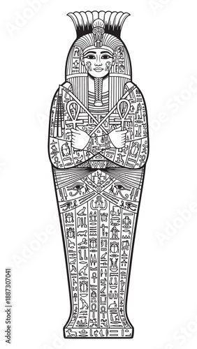 Ancient Egyptian Pharaoh Sarcophagus with Hieroglyphs and Intricate Symbolic Ornamentation.