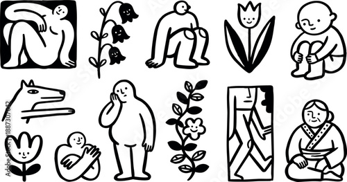 Whimsical line art icon sheet showing naive figures, tulip and wolf head in black ink with assorted poses and expressions