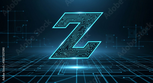 Z Alphabet Monogram with Glowing Cyan Circuit Lines and 3D Digital Grid