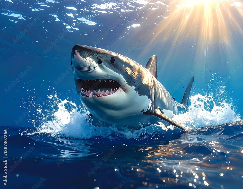 Fototapeta premium Great White Shark Leaping from the Ocean with Sunlight.