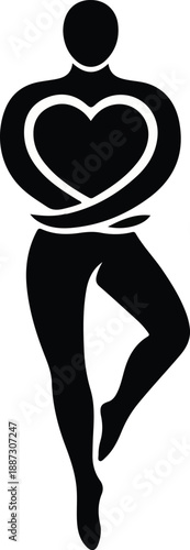 A black silhouette of a person in a yoga pose, forming a heart with their arms, symbolizing self-love, balance, and wellness.