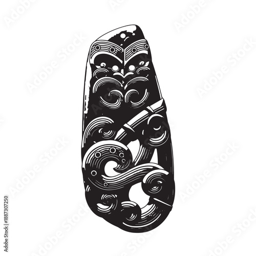 Intricate Maori inspired carved pendant with bold black and white motifs.