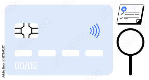Credit card with chip and contactless icon, verification document, magnifying glass for fraud detection, identity validation, online transactions, banking, financial security, and data protection