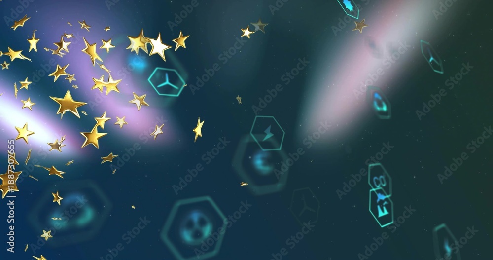 Fototapeta premium Drifting metallic gold stars floating across dark teal background, with teal hex tokens, copy space