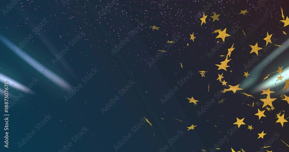 Fototapeta premium Drifting metallic-gold stars inward on teal to purple sky, with speckles, comet streaks, copy space