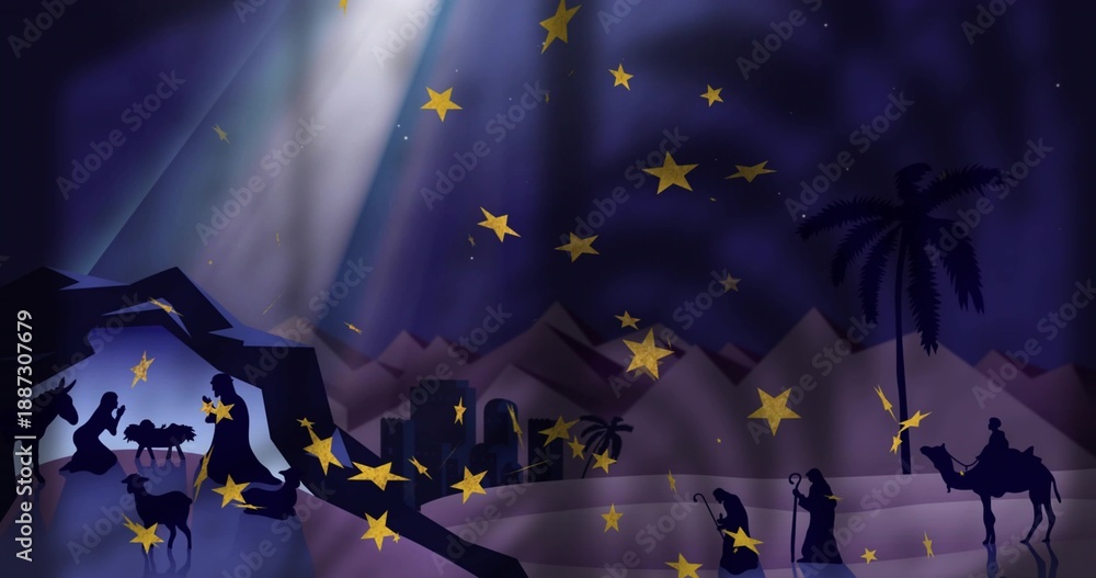 Obraz premium Kneeling robed nativity group beside manger at desert stable, beam shining, copy space