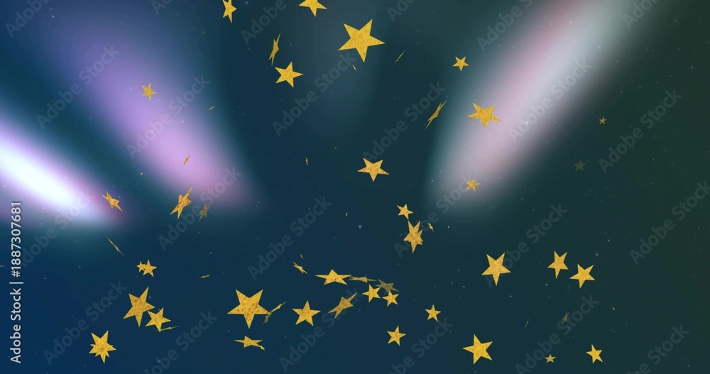 Fototapeta premium Floating cluster of golden five-pointed stars drifting across teal sky with violet aurora streaks