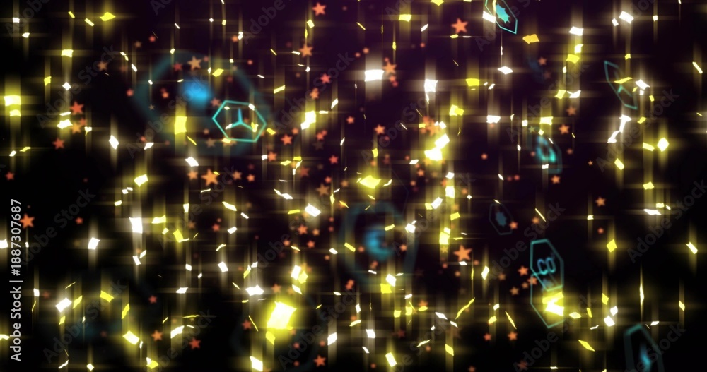 Naklejka premium Streaming golden streaks falling through dark space, with white glints, orange stars, teal hexes
