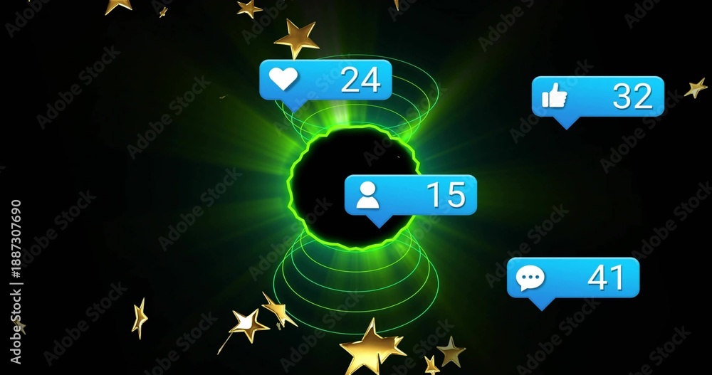 Fototapeta premium Glowing void emitting neon-green rings and beams in cosmos with gold stars, with four blue bubbles