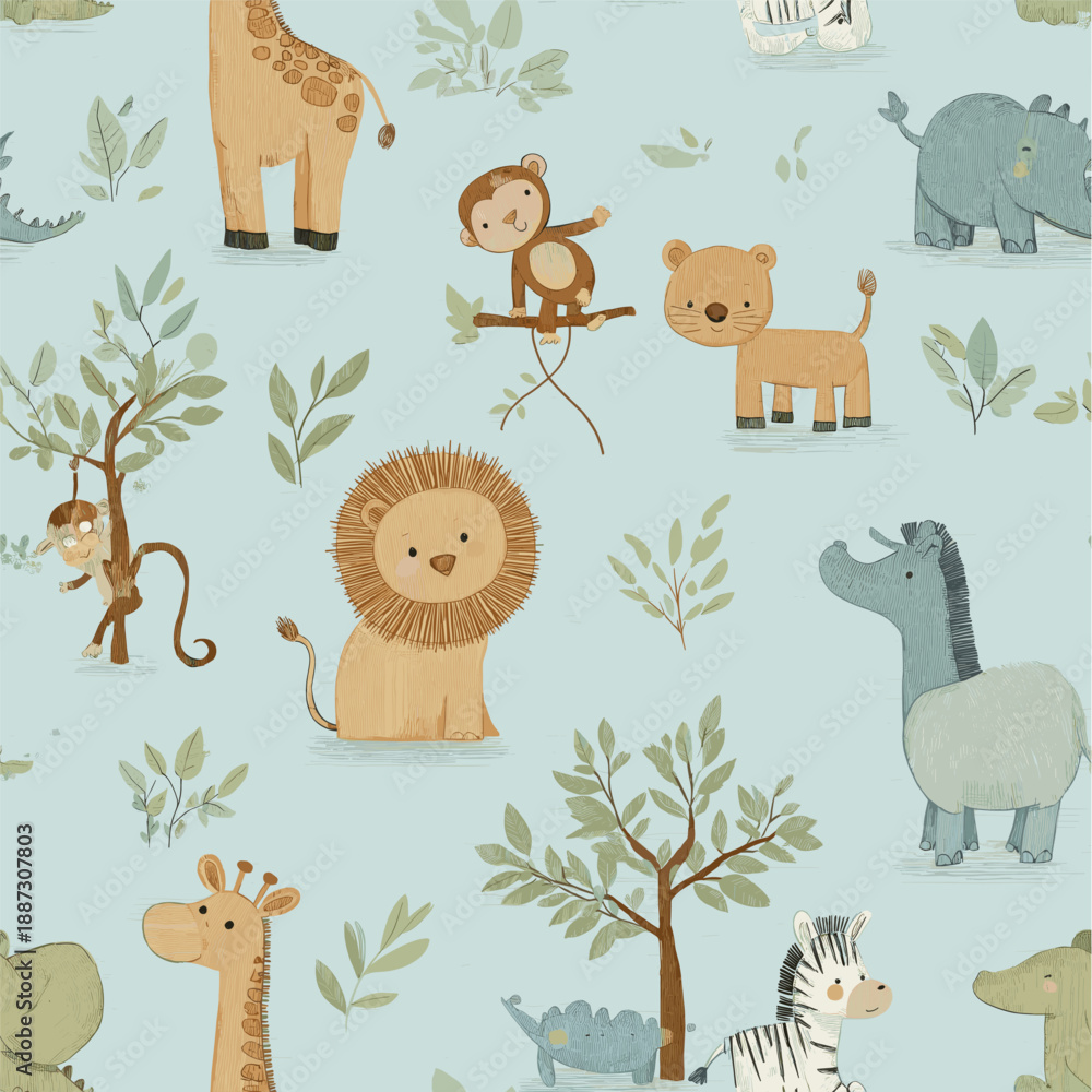 Fototapeta premium Safari animals pattern with giraffes, elephants, and lions on a light blue background. Cute cartoon jungle animals seamless pattern