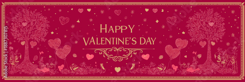 Gold happy Valentine's Day text on a red background with decorative floral elements. Happy Valentine's Day gold glitter greeting with floral ornament