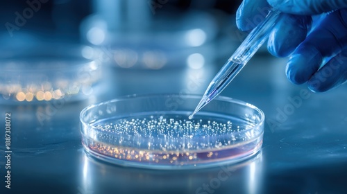 Scientist in blue gloves using pipette to drop liquid into petri dish with microbial colonies, medical research and laboratory science concept