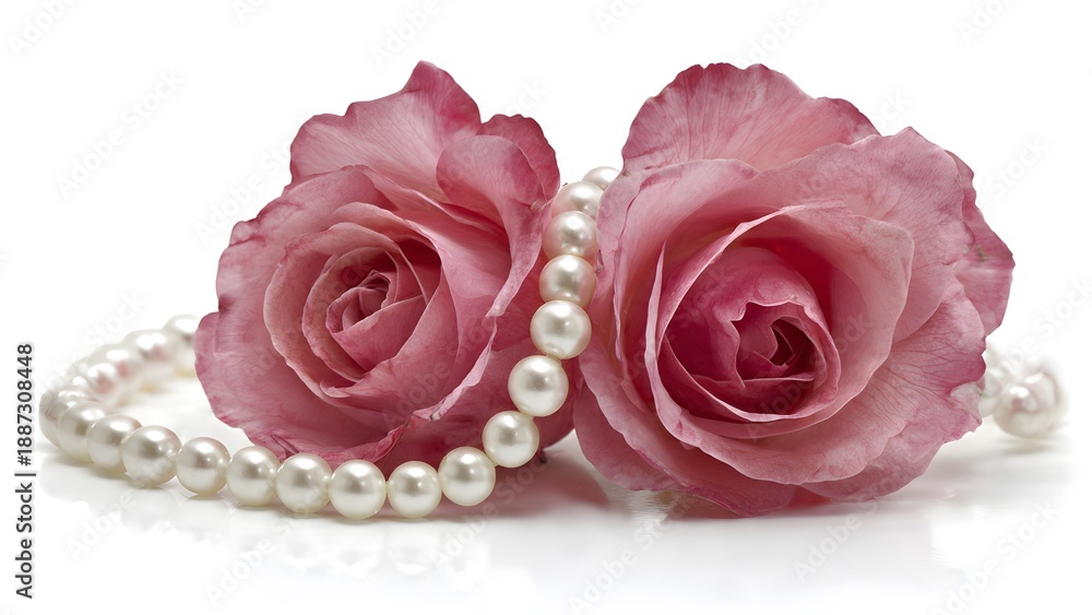 Fototapeta premium Two delicate pink roses are adorned with a strand of lustrous white pearls, creating an elegant and romantic floral arrangement on a reflective surface.