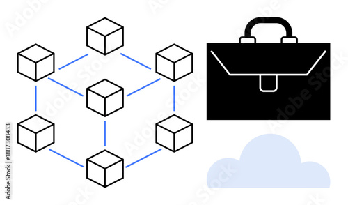 Blockchain, business operations, cloud computing, digital storage, decentralized networks, technology integration. Diagram of interconnected blocks, briefcase and cloud. Blockchain and business