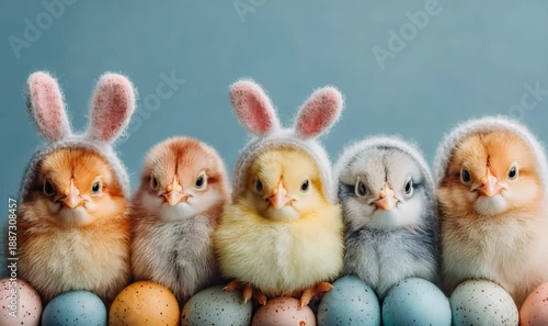 Adorable newborn chicks wearing funny bunny ear hats standing in a row with colorful pastel easter eggs against a soft blue background