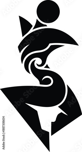 A stylized black silhouette of a dynamic, abstract figure with a prominent spiral, blending human form with modern and organic design elements.