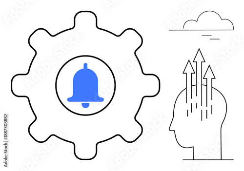 Notification concept. Notification gear with bell symbol signaling reminders and alerts. Notification linking productivity to efficient planning and mental clarity. For task management, apps