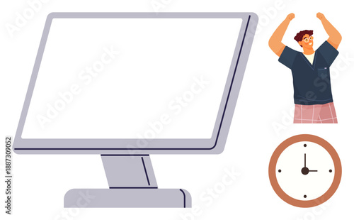 Time management, success, workplace productivity, goal achievement, office tasks, efficient planning. A man cheering near a clock and desktop monitor. Time management and success concept
