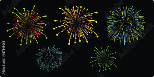 Bright colorful fireworks explosion vector on dark background. Perfect for celebration themes, festival posters, holiday events, party designs, and festive digital backgrounds.